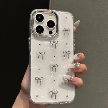 3D Glitter Silver Bow Transparent Case for iPhone