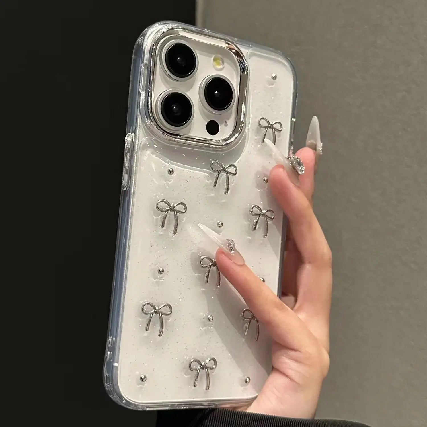3D Glitter Silver Bow Transparent Case for iPhone