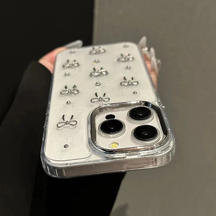 3D Glitter Silver Bow Transparent Case for iPhone