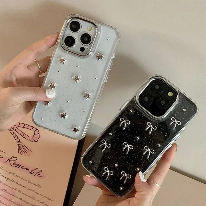 3D Glitter Silver Bow Transparent Case for iPhone