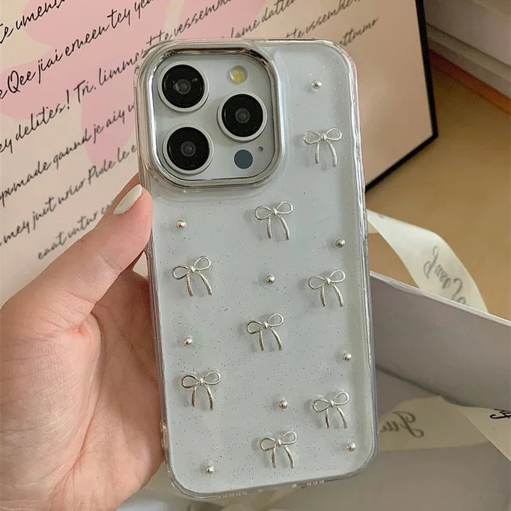 3D Glitter Silver Bow Transparent Case for iPhone