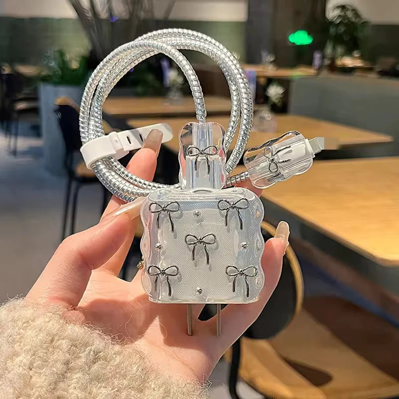 Cute Silver Bow Charger Protector for Apple iPhone
