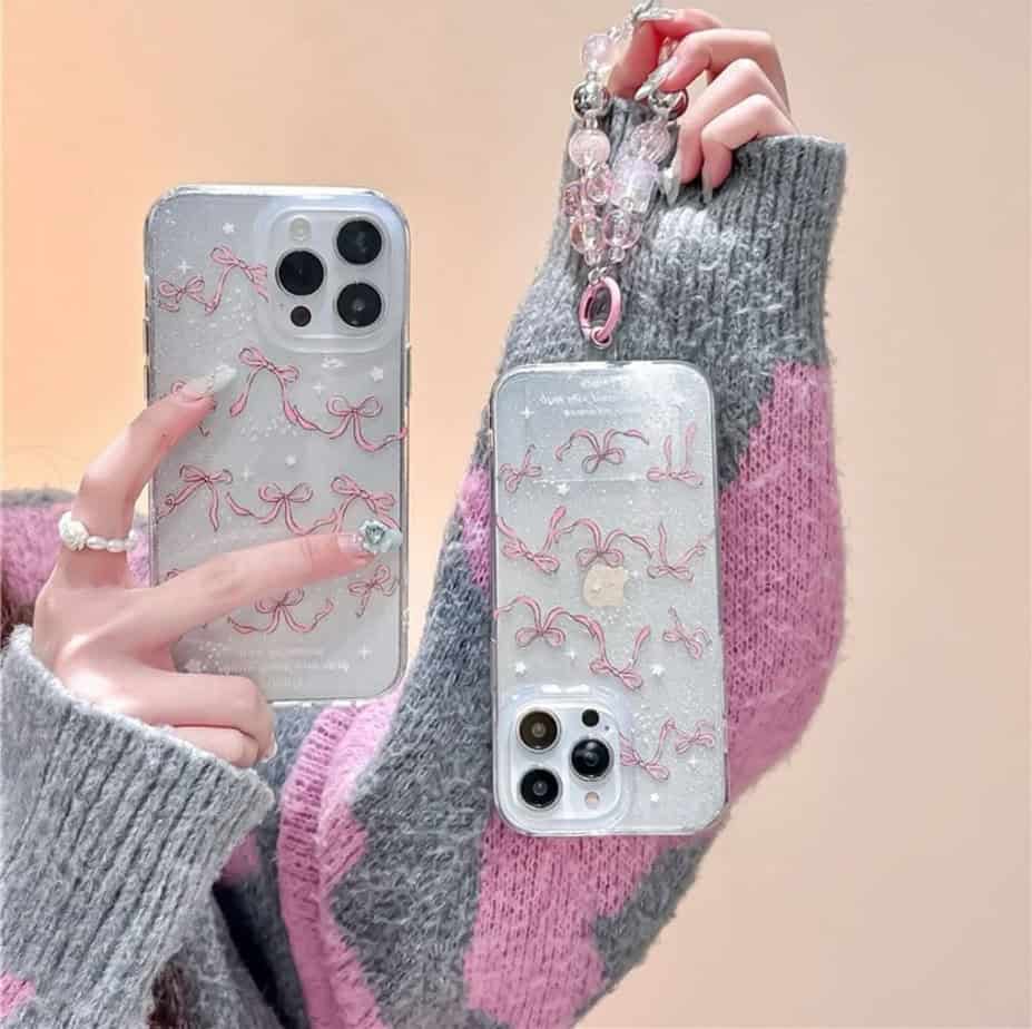 Designer Transparent Small Bow Shimmery Case with Charm for iPhone