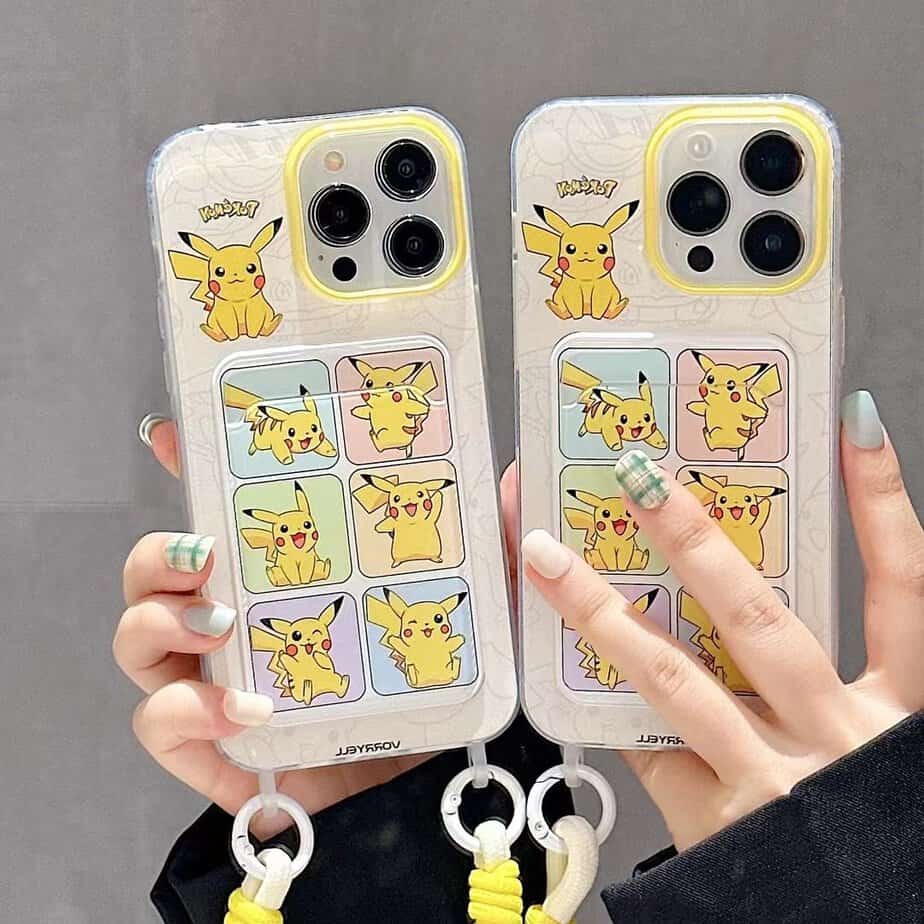 Cute Pikachu Card Holder Case With Hanging String for iPhone