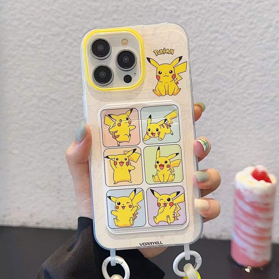 Cute Pikachu Card Holder Case With Hanging String for iPhone