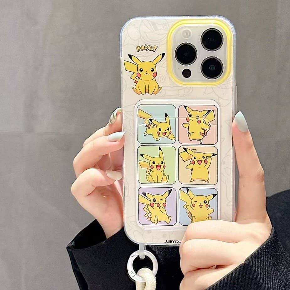 Cute Pikachu Card Holder Case With Hanging String for iPhone