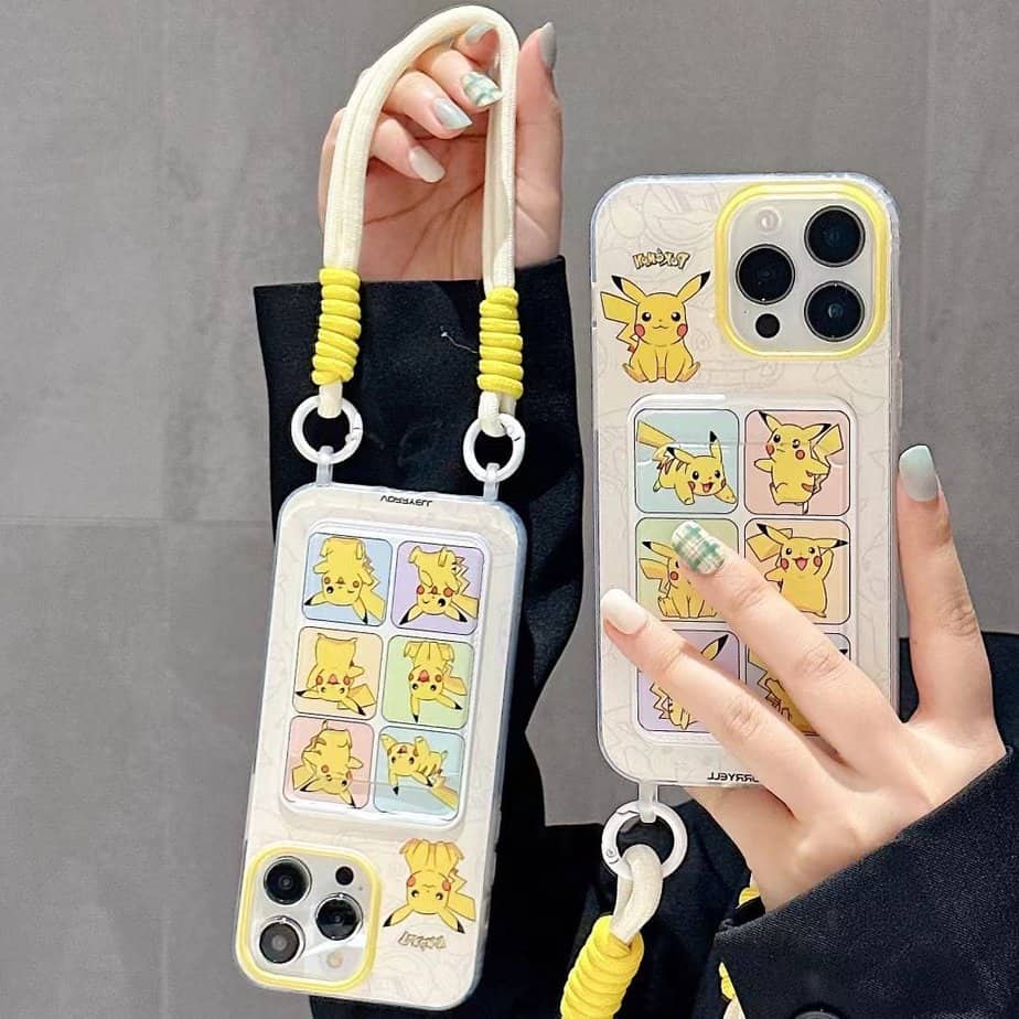 Cute Pikachu Card Holder Case With Hanging String for iPhone
