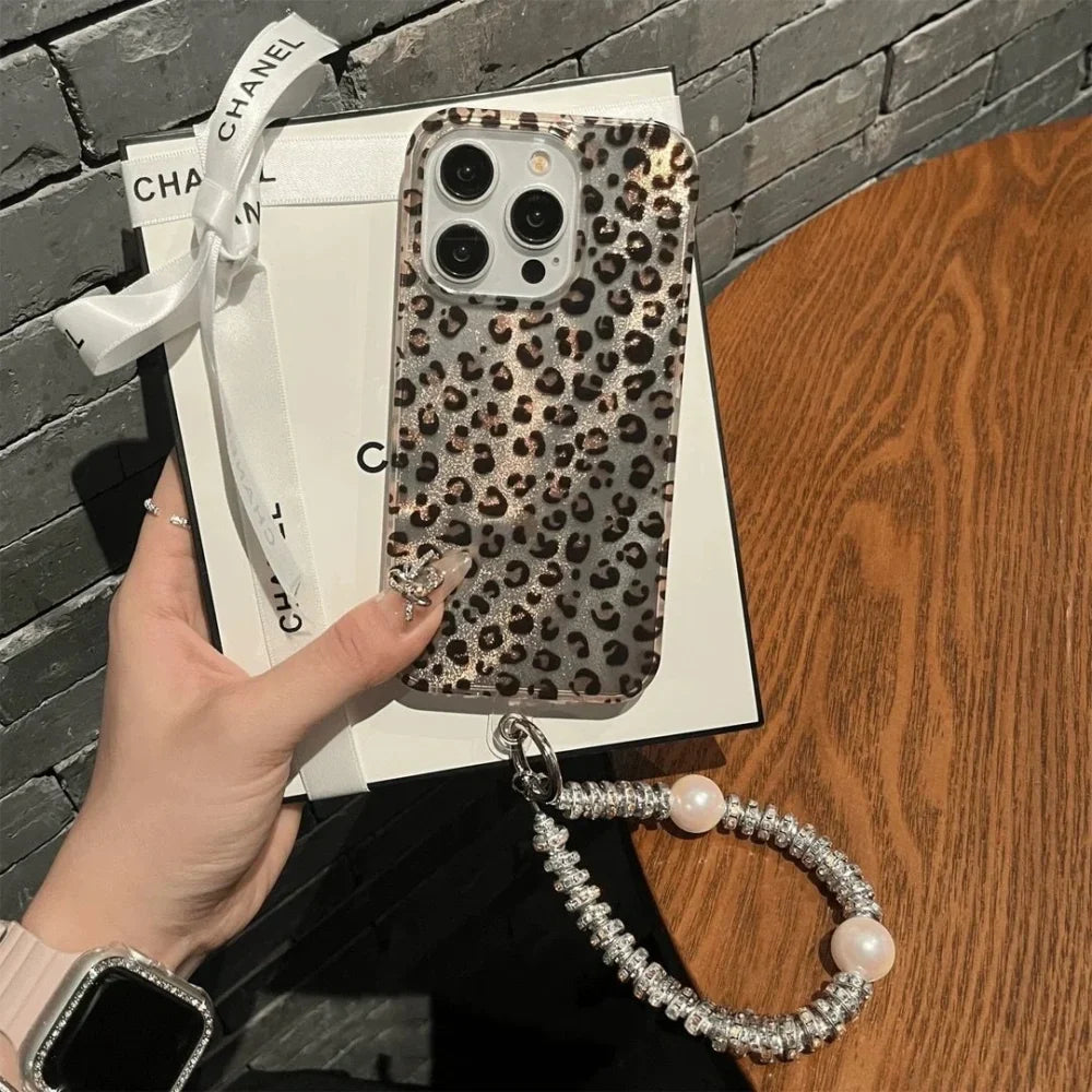 Leopard theme phone cases with charm for iPhone