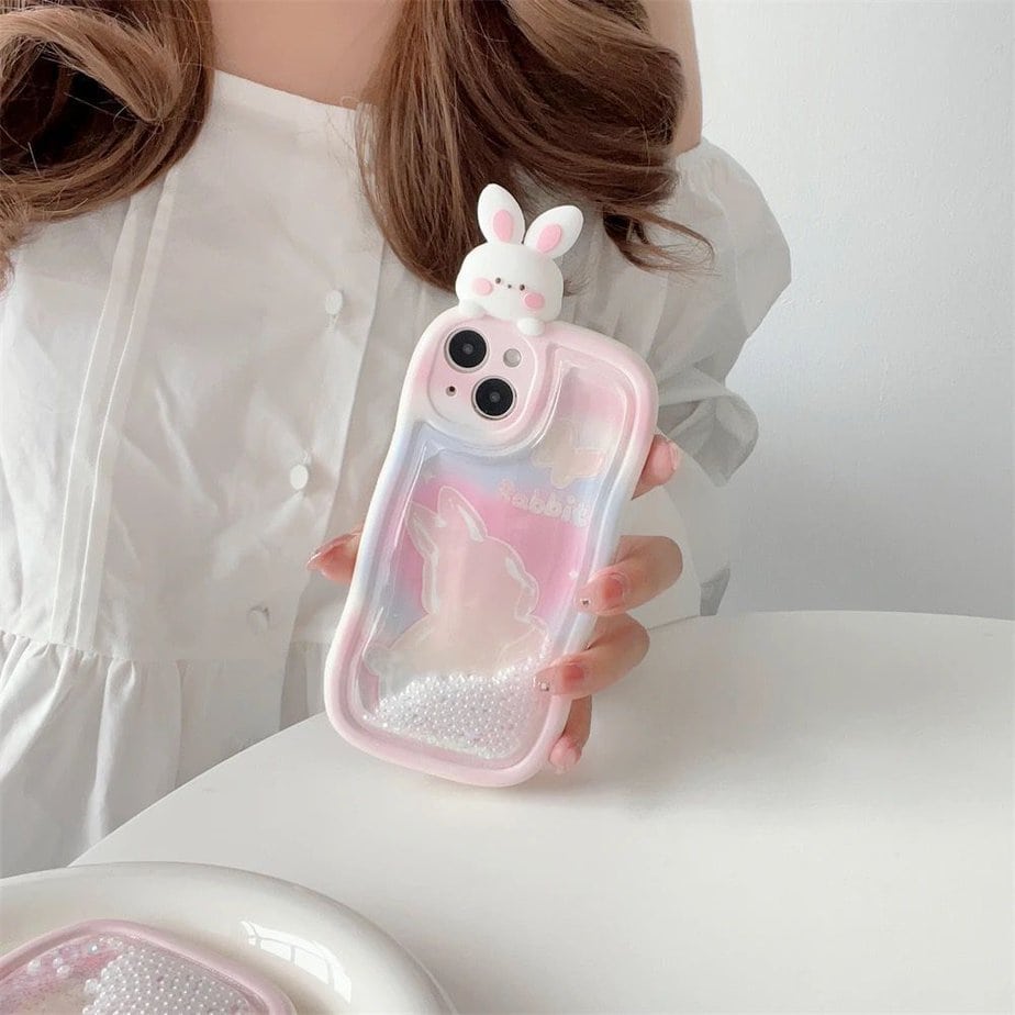 Cute Rabbit Glitter Floating Case for iPhone