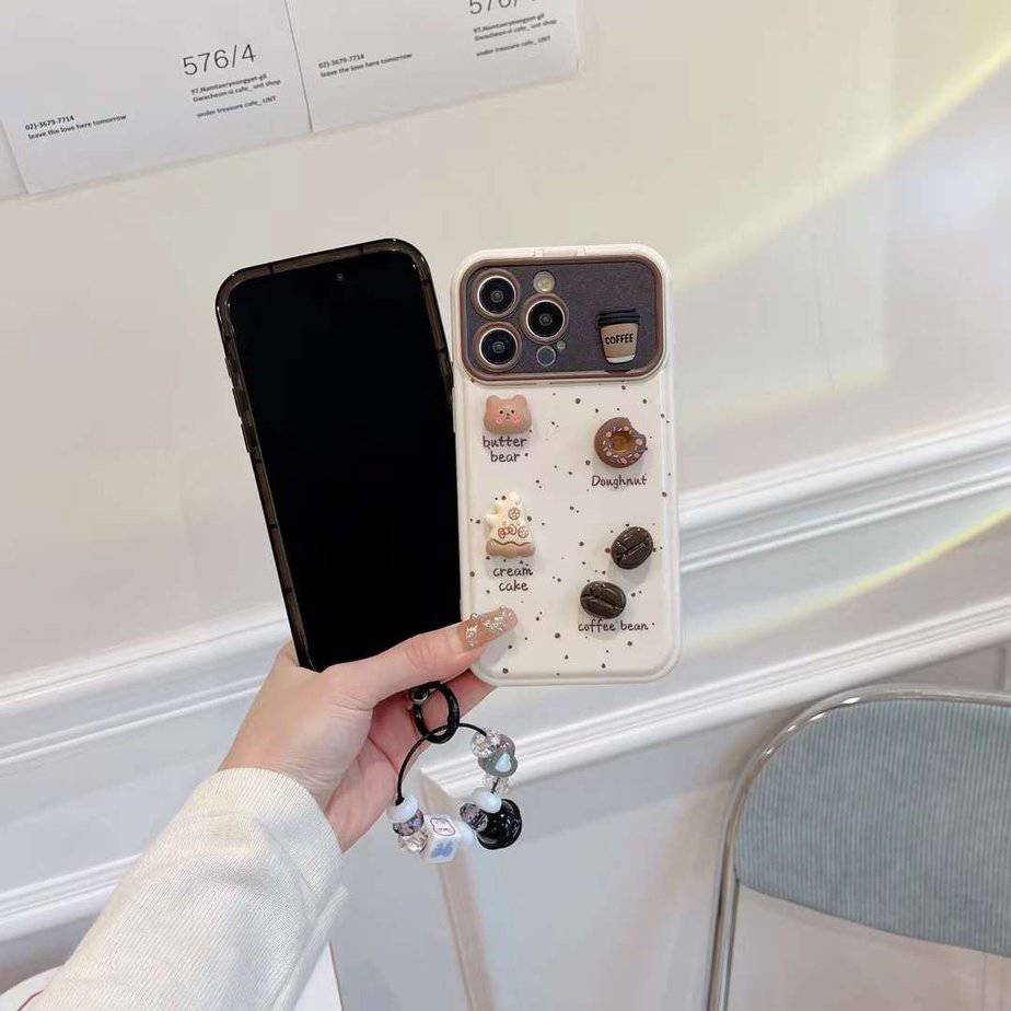 Cream Color Coffee Mirror Case with Charm for iPhone
