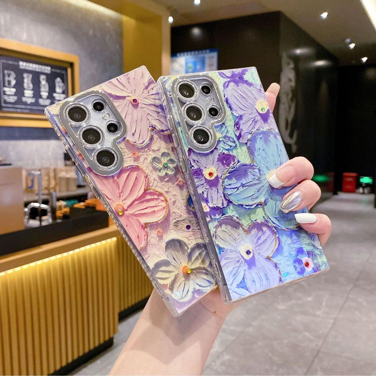 Designer Blue Floral Oil Painting Case with Shimer Lens for Samsung