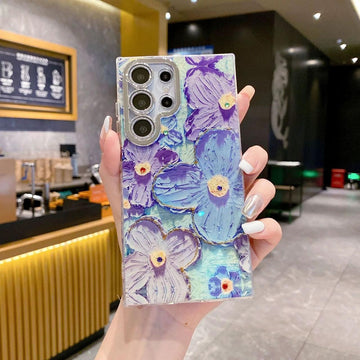 Designer Blue Floral Oil Painting Case with Shimer Lens for Samsung