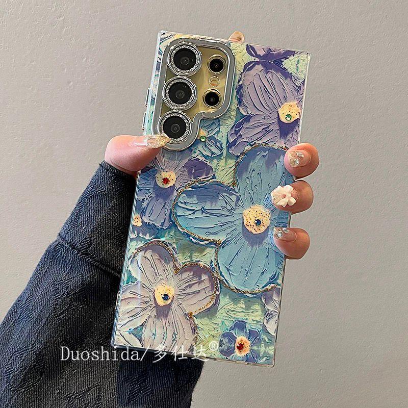 Designer Blue Floral Oil Painting Case with Shimer Lens for Samsung