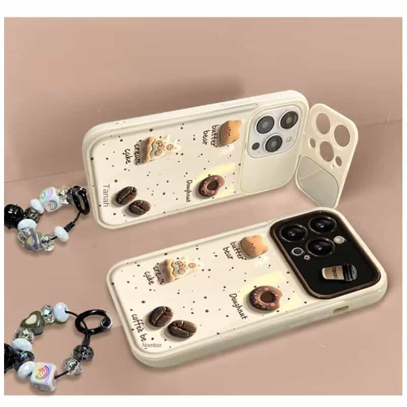 Cream Color Coffee Mirror Case with Charm for iPhone
