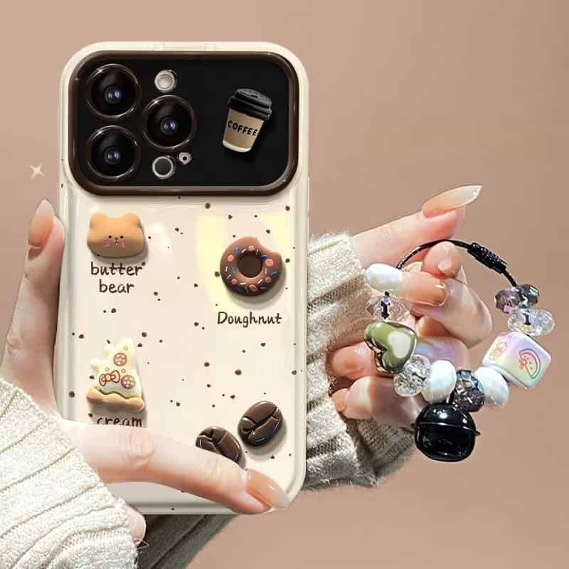 Cream Color Coffee Mirror Case with Charm for iPhone