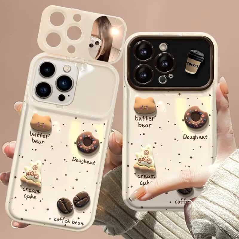 Cream Color Coffee Mirror Case with Charm for iPhone