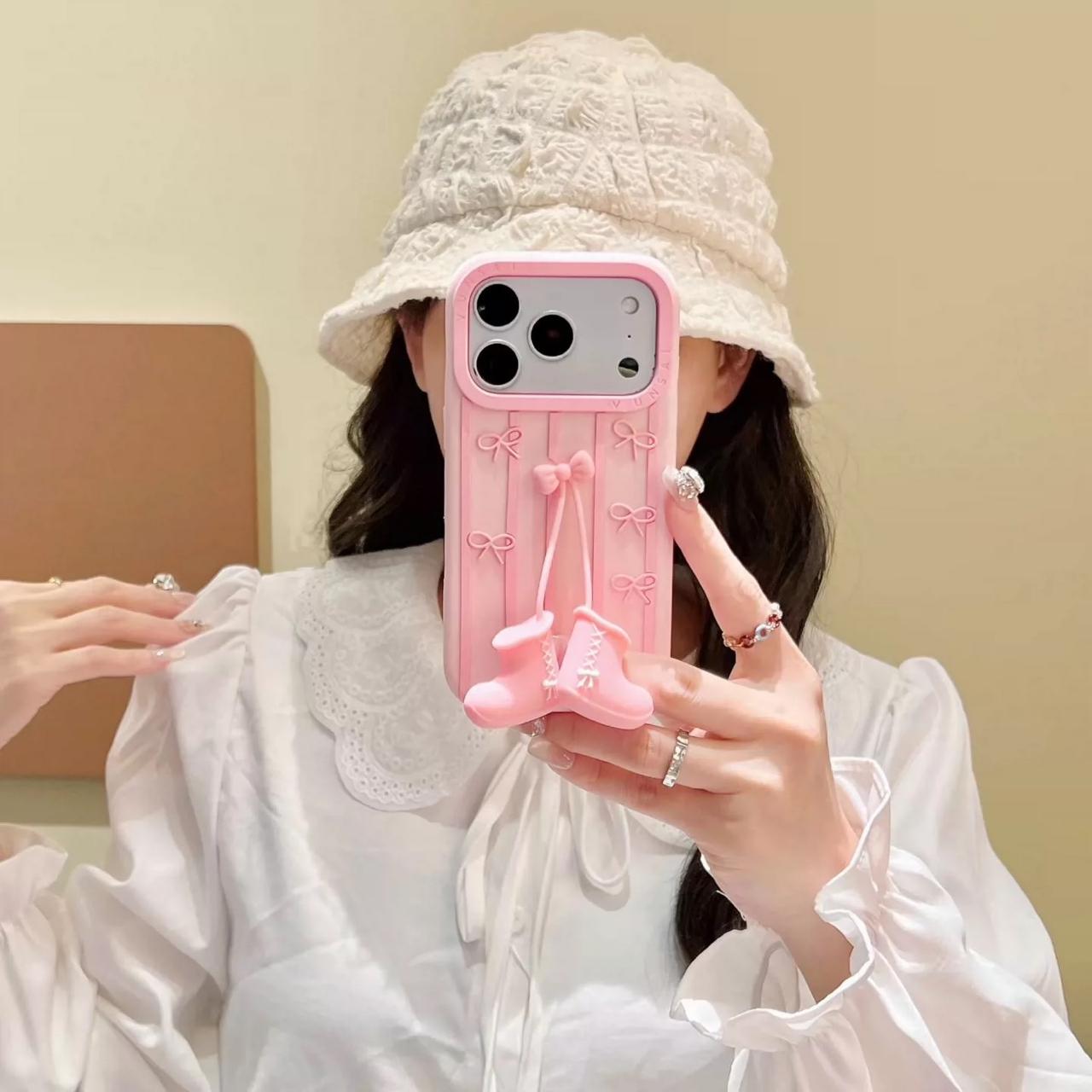 Pink Bow Boots Aesthetic Silicone Case for iPhone