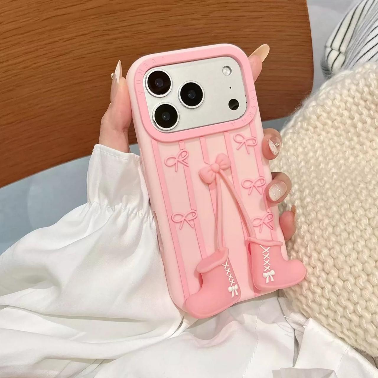 Pink Bow Boots Aesthetic Silicone Case for iPhone