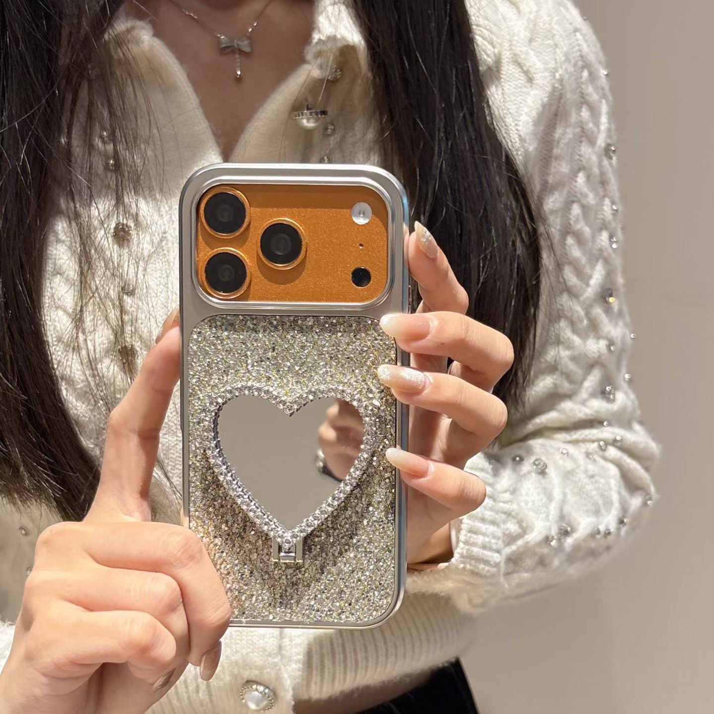 Silver Glitter Heart Mirror Case with Stand for iPhone