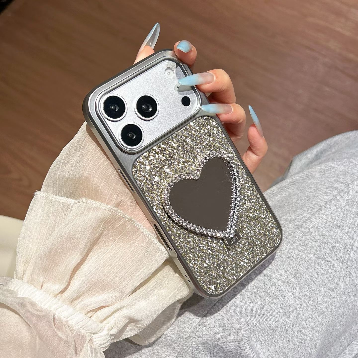 Silver Glitter Heart Mirror Case with Stand for iPhone