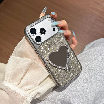 Silver Glitter Heart Mirror Case with Stand for iPhone