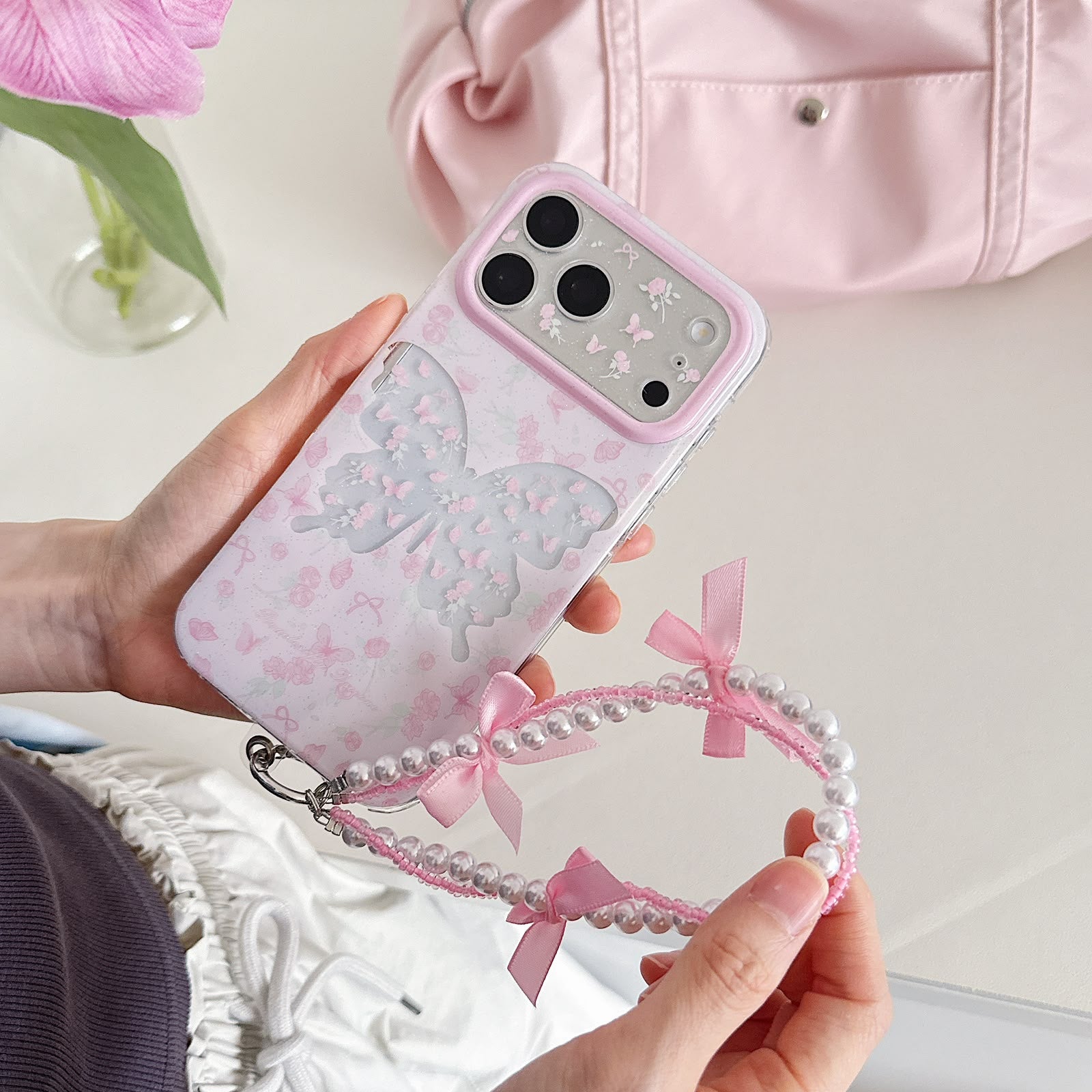 Blush Butterfly Case with Pearl Charm for iPhone