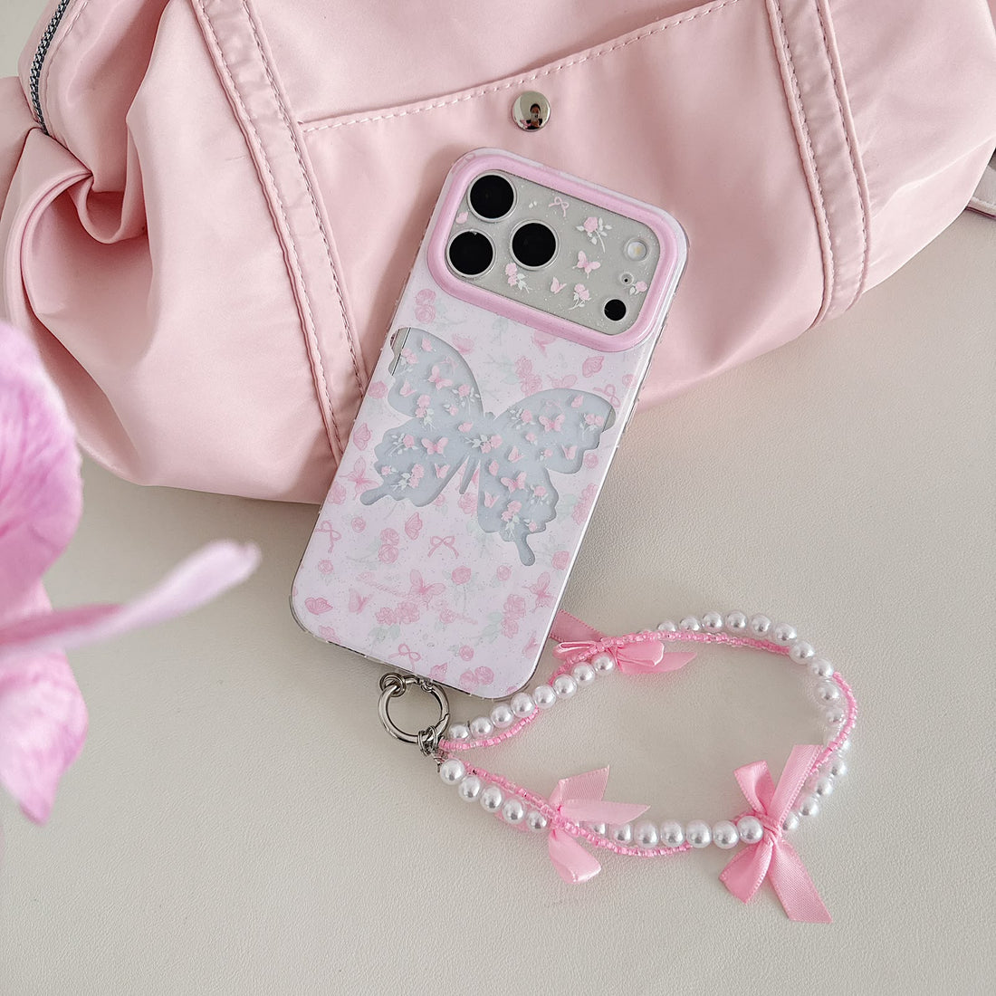 Blush Butterfly Case with Pearl Charm for iPhone