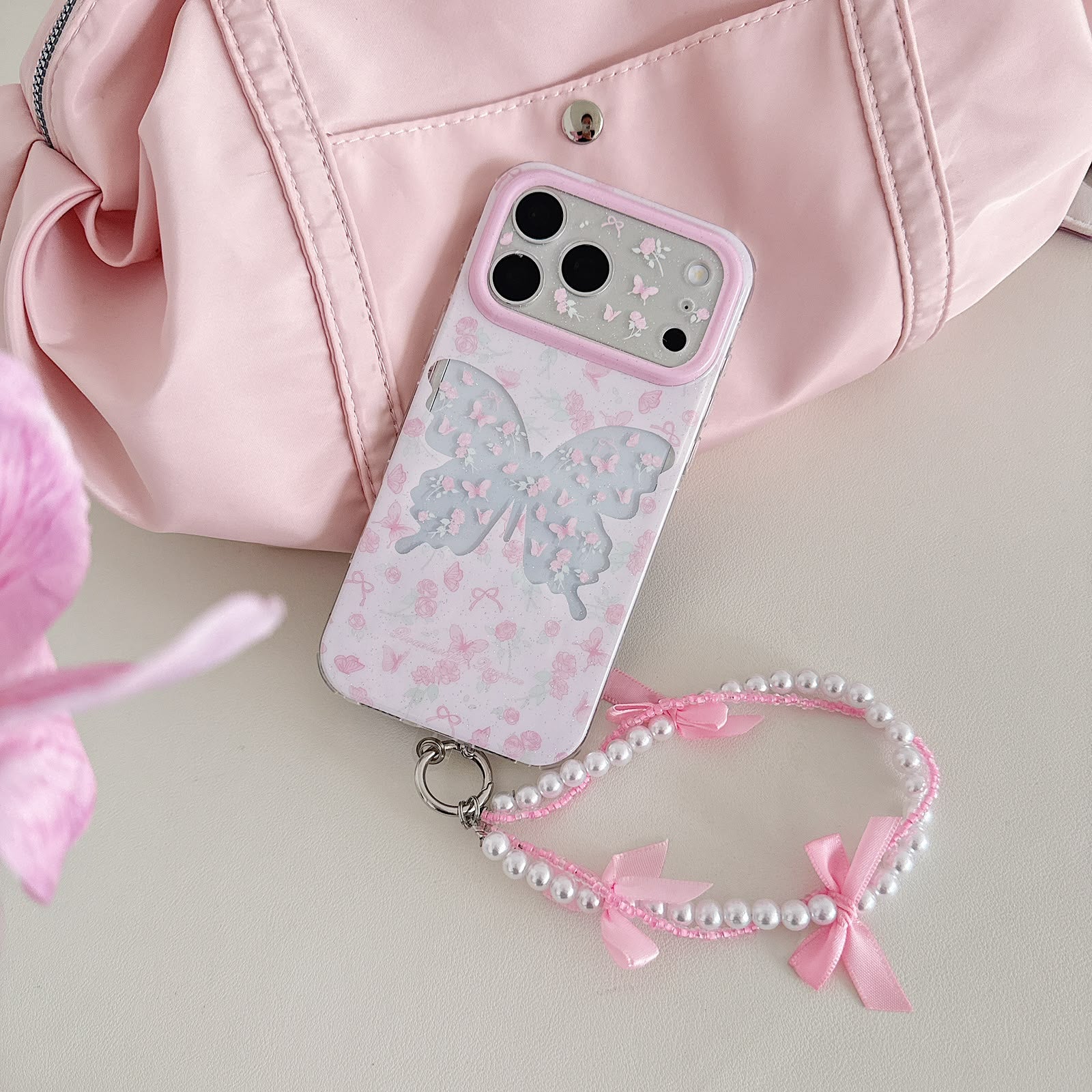 Blush Butterfly Case with Pearl Charm for iPhone