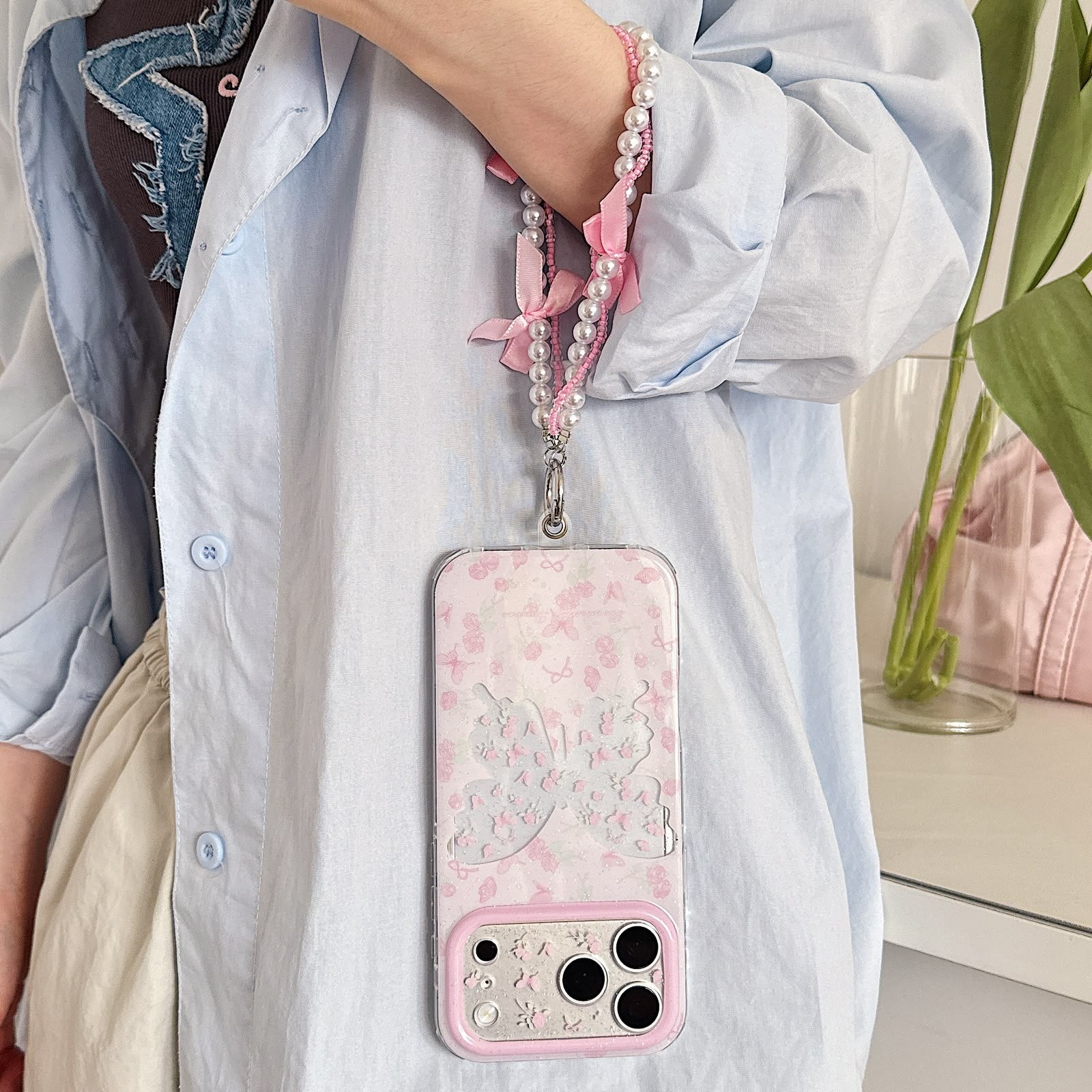 Blush Butterfly Case with Pearl Charm for iPhone