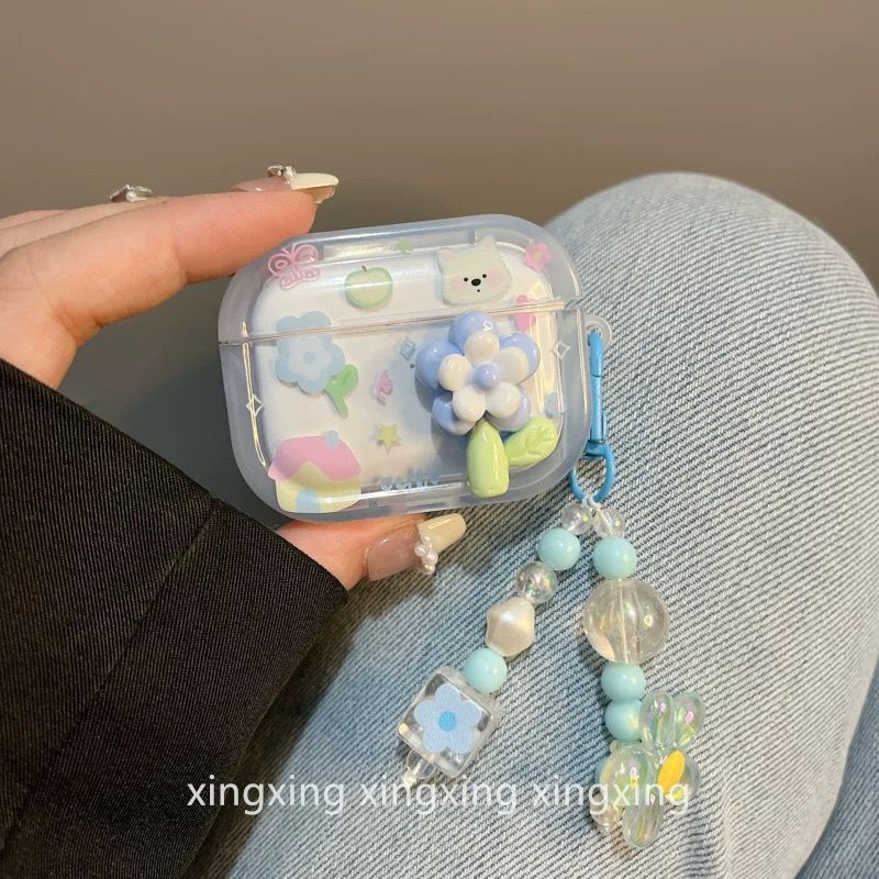 Cute Blue Floral Airpod cases with charms for Airpods Pro and Pro 2