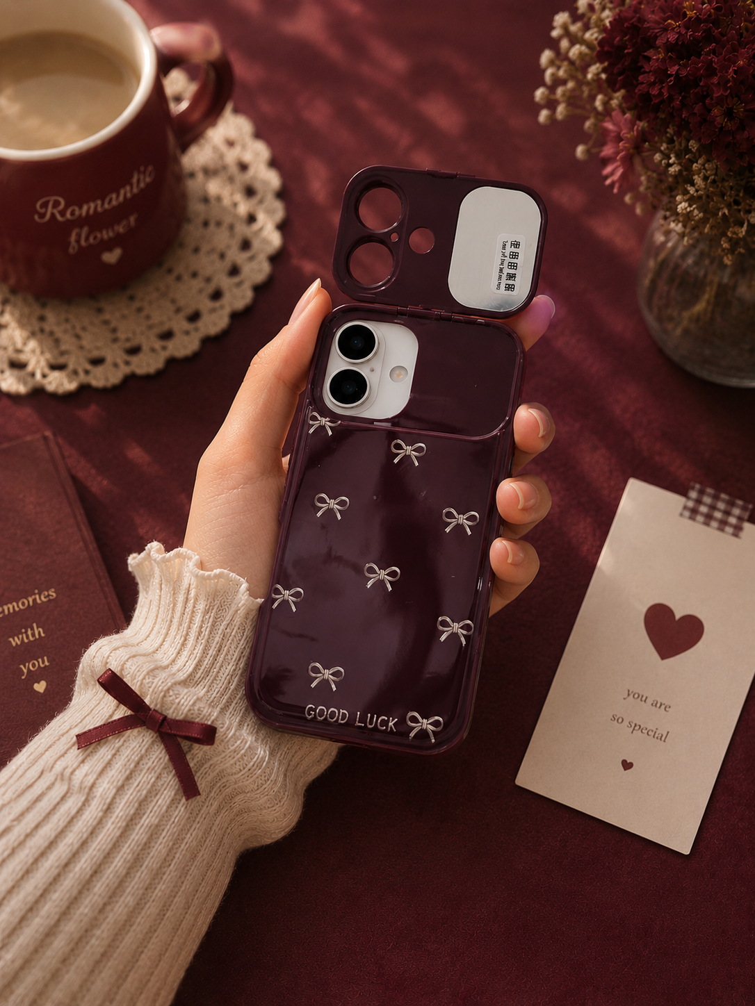 Wine Bow Charm Case with Mirror for iPhone