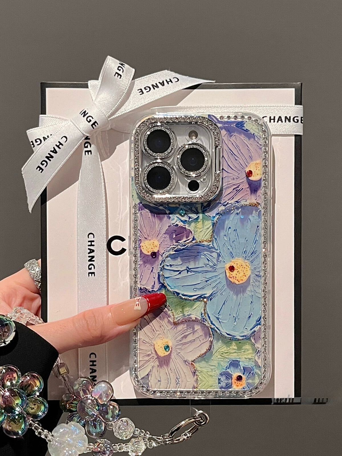Bluish Diamond Floral Cases with Charms for iPhone