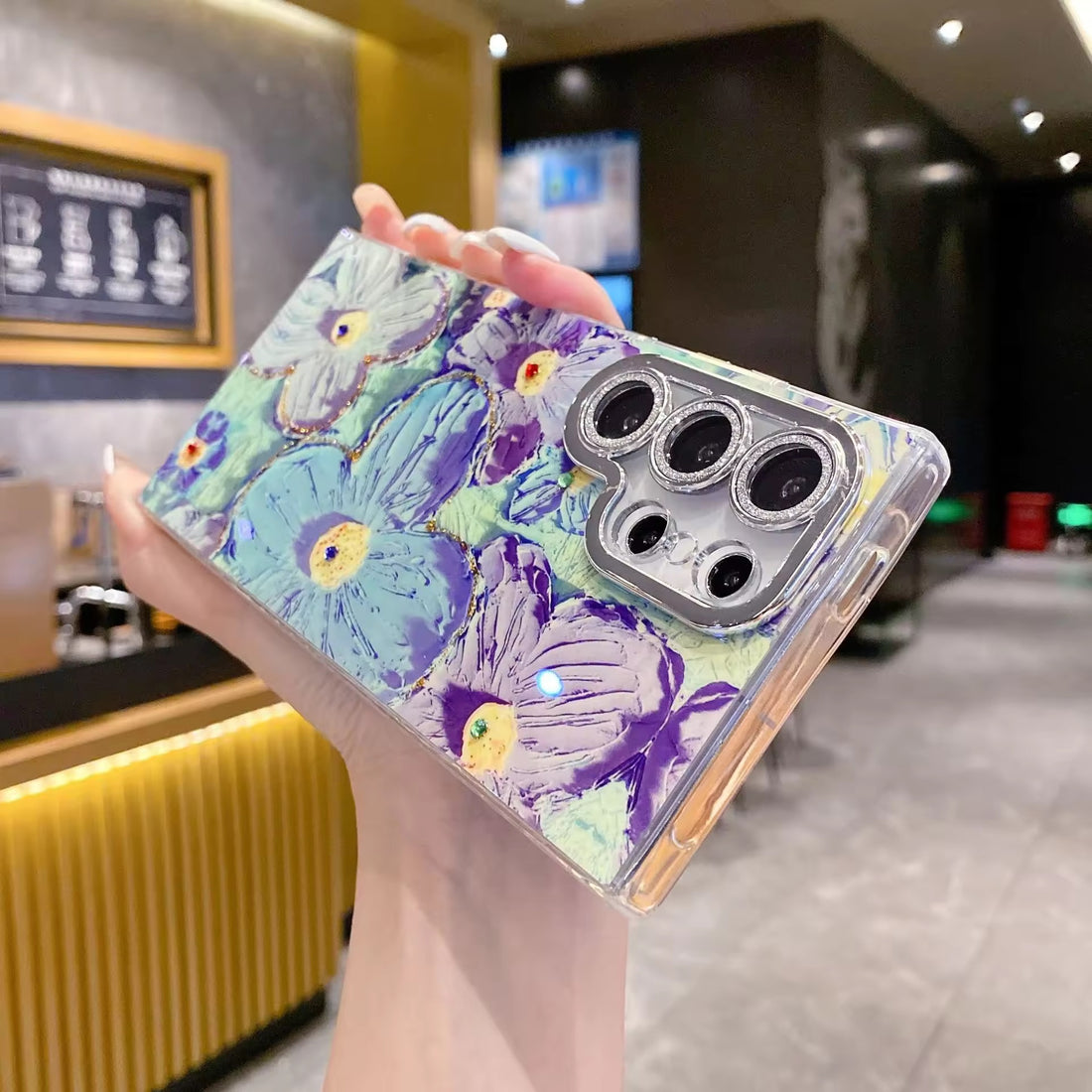 Designer Blue Floral Oil Painting Case with Shimer Lens for Samsung