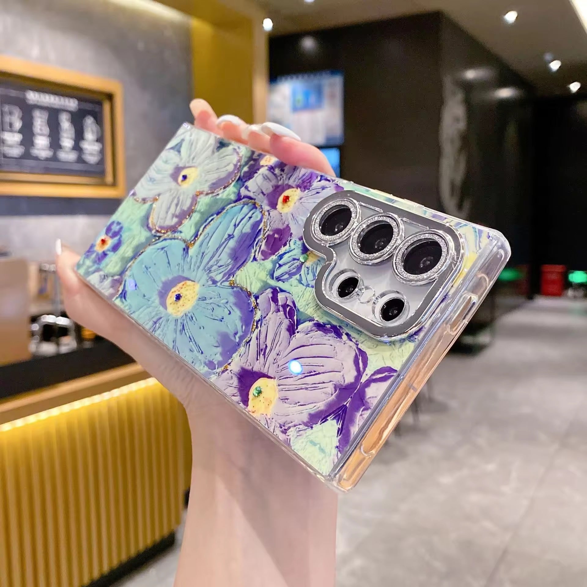 Designer Blue Floral Oil Painting Case with Shimer Lens for Samsung
