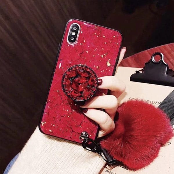 Diamond Grip Case with Pom Pom for iPhone - Red - Image 2