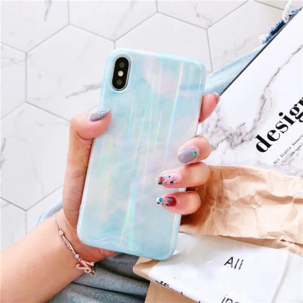 Glossy Marble Silicone Case for iPhone - Sky  Blue - Image 2