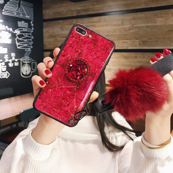 Diamond Grip Case with Pom Pom for iPhone - Red