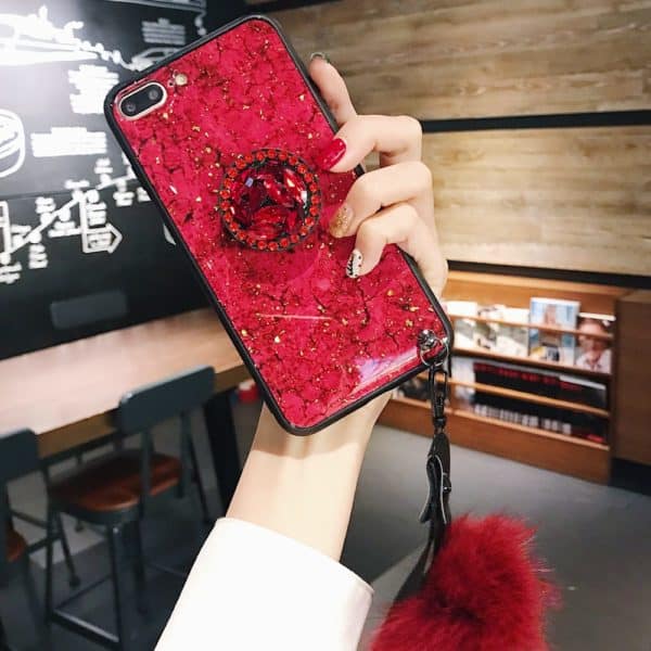 Diamond Grip Case with Pom Pom for iPhone - Red - Image 3