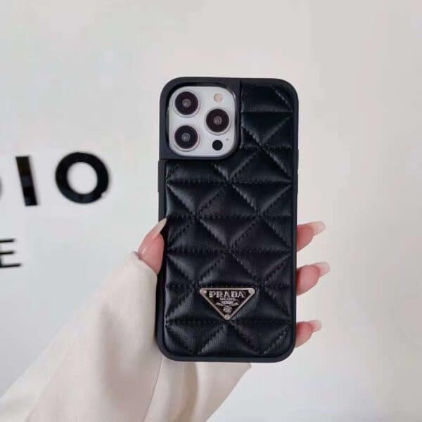 Prada Checks Design Puff Case for iPhone 14 Pro Max - Black