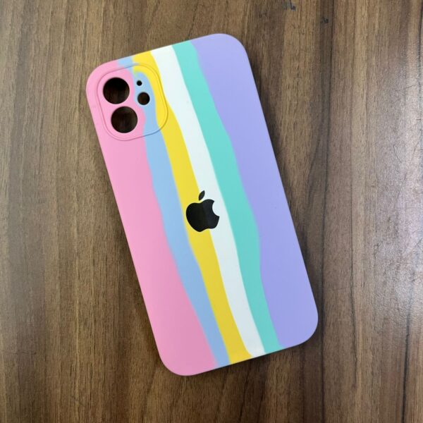 Pink Rainbow Camera Protection Liquid Silicone Case for iPhone 11 - Black Logo