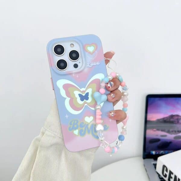 Blue and Pink Butterfly Case with Hanging Charm for iPhone 13 Pro Max