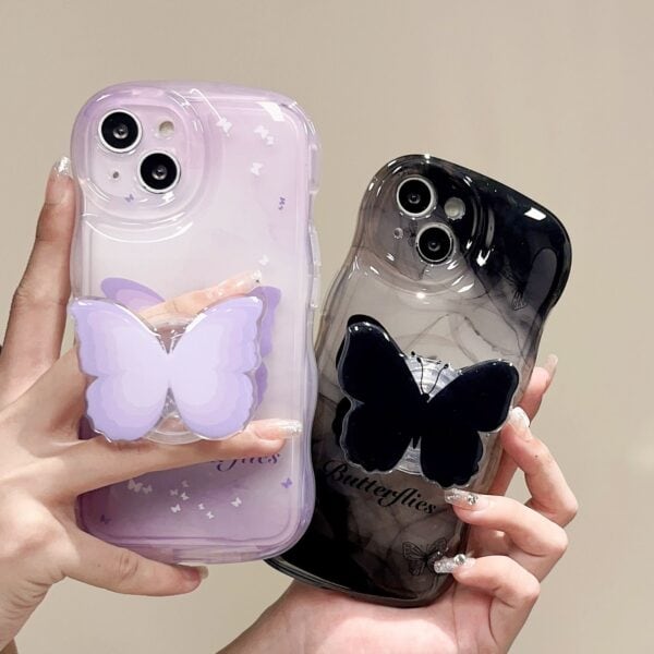 Black Designer Butterfly Cases with Pop Socket for iPhone 15 Pro - Image 2