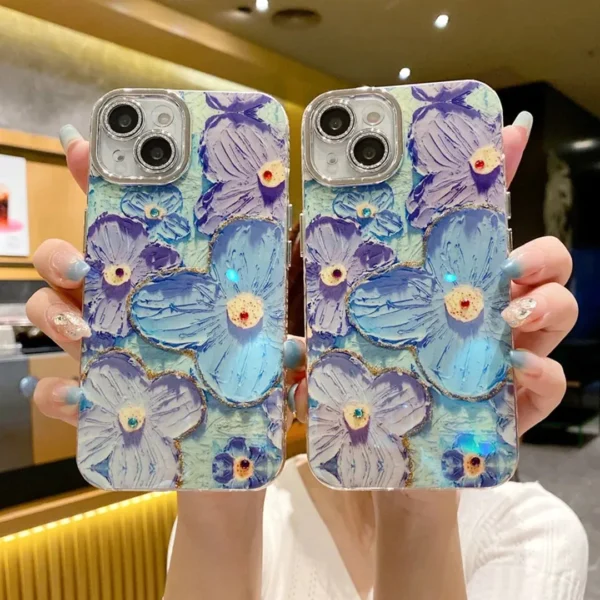 Designer Blue Floral Oil Painting Case with Shimer Lens