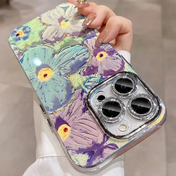 Designer Blue Floral Oil Painting Case with Shimer Lens - Image 2