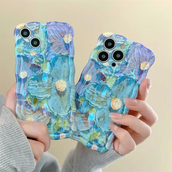 Designer Blue Curve Holographic Retro Oil Painting Flower IPhone Case