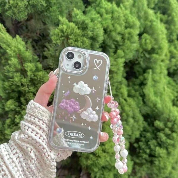 Cloud and Pink White Moon Mirror Cases with Charm for iPhone