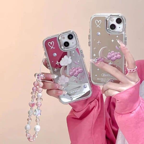 Cloud and Pink White Moon Mirror Cases with Charm for iPhone - Image 2