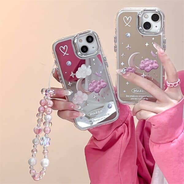 Cloud and Pink White Moon Mirror Cases with Charm for iPhone - Image 3