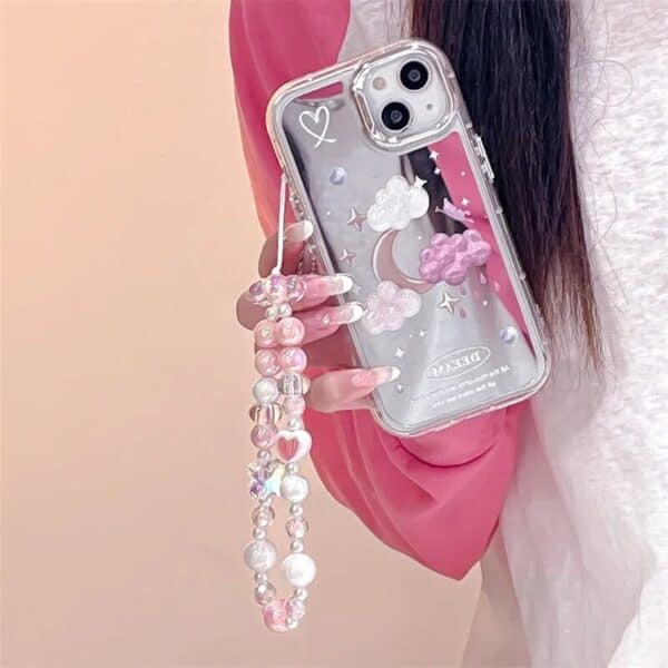 Cloud and Pink White Moon Mirror Cases with Charm for iPhone - Image 4