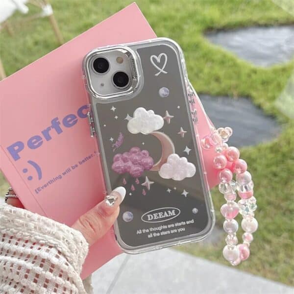 Cloud and Pink White Moon Mirror Cases with Charm for iPhone - Image 7